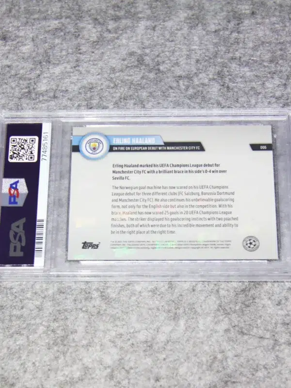 2022-23 Erling Haaland #6 Topps Now UEFA Champions League On Fire in Treble Year PSA 10 Gem MT - back