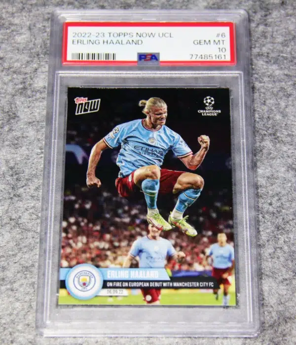 2022-23 Erling Haaland #6 Topps Now UEFA Champions League On Fire in Treble Year PSA 10 Gem MT - front