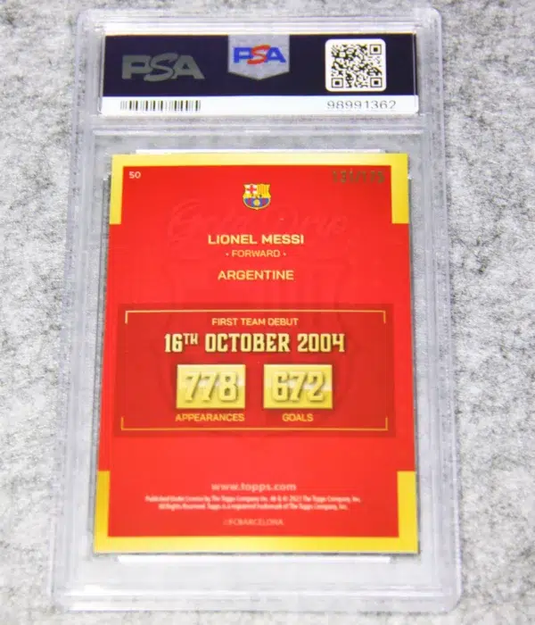 2022-23 Lionel Messi #50 Topps FC Barcelona Team Set Teal Gold Drips SN#131 PSA 8 NM-MT - back