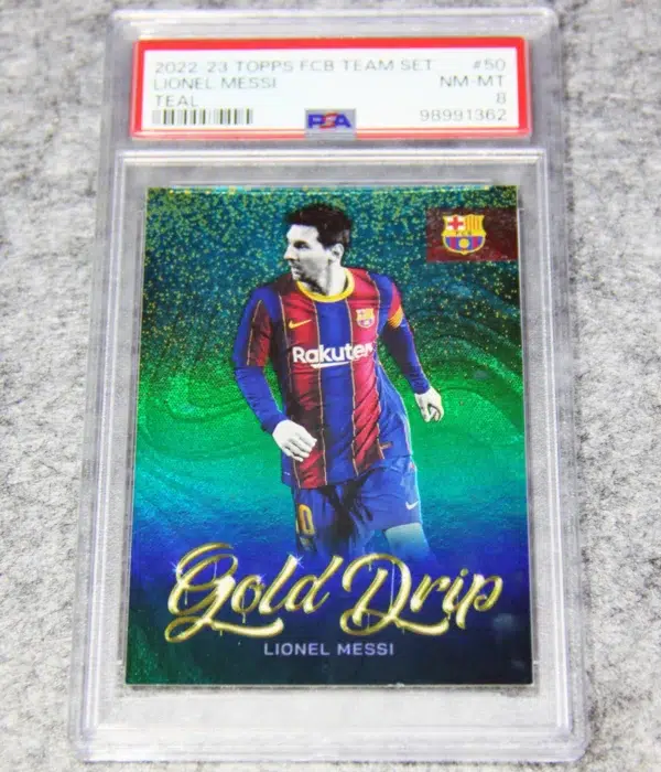 2022-23 Lionel Messi #50 Topps FC Barcelona Team Set Teal Gold Drips SN#131 PSA 8 NM-MT - front