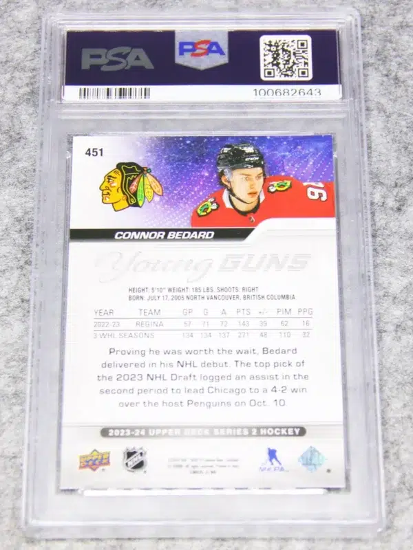 2023-24 Connor Bedard #451 Upper Deck Series 2 Young Guns RC PSA 9 MT - back