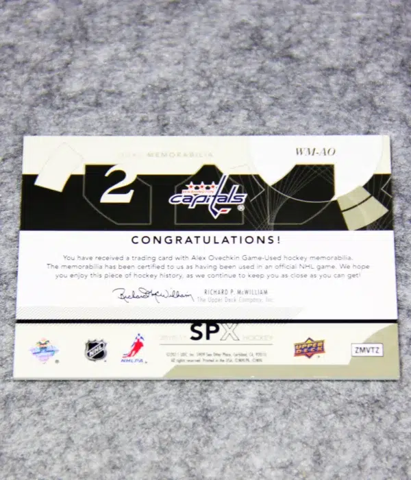 2010-11 Alexander Ovechkin #WM-AO Upper Deck SPx Winning Materials Dual Patch - back