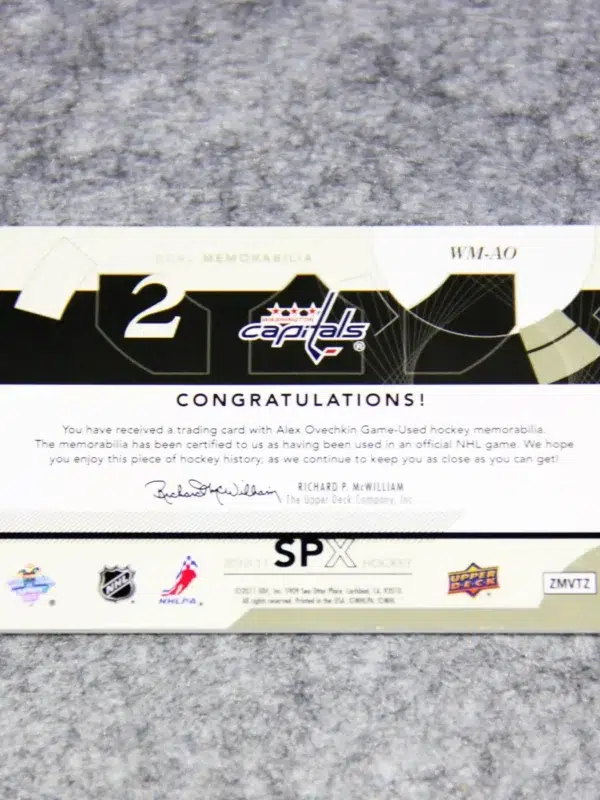 2010-11 Alexander Ovechkin #WM-AO Upper Deck SPx Winning Materials Dual Patch - back