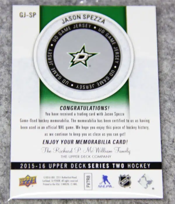 2015-16 Jason Spezza #GJ-SP Upper Deck Series Two Hockey Game Jersey - back
