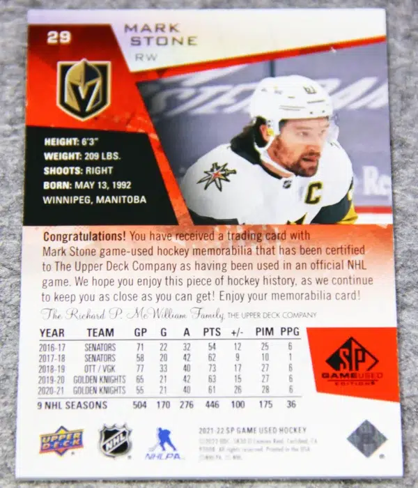 2021-22 Mark Stone #27 Upper Deck SP Game Used Edition Jersey - back