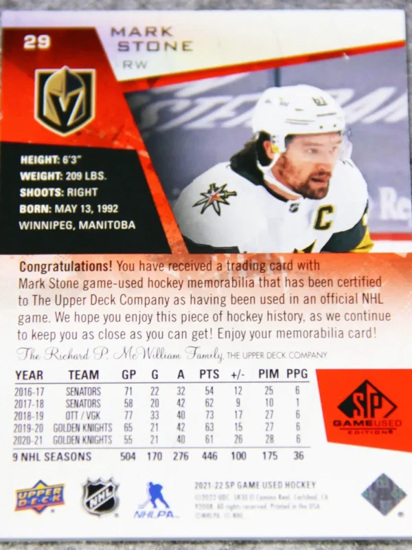 2021-22 Mark Stone #27 Upper Deck SP Game Used Edition Jersey - back