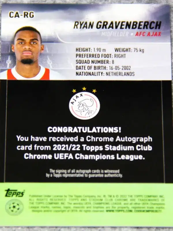 2021-22 Ryan Gravenberch #CA-RG Topps Stadium Club Chrome UCL Autograph Refractor - back