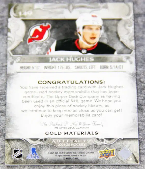 2024-25 Jack Hughes #149 Upper Deck Artifacts Hockey Dual Gold Materials SN#175 - back