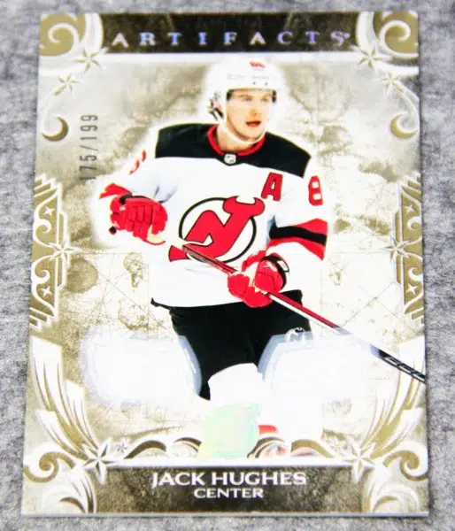 2024-25 Jack Hughes #149 Upper Deck Artifacts Hockey Dual Gold Materials SN#175 - front