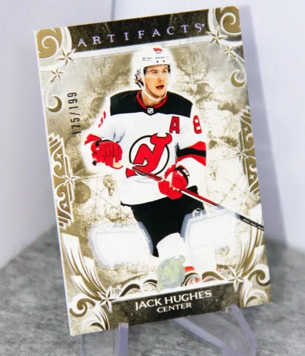 2024-25 Jack Hughes #149 Upper Deck Artifacts Hockey Dual Gold Materials SN#175 - stand