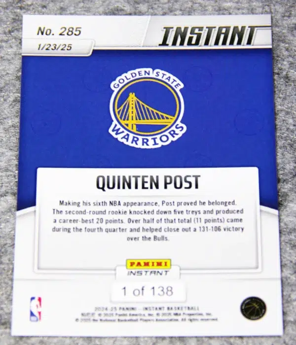 2024-25 Quinten Post #285 Panini Instant Basketball SN#138 - back