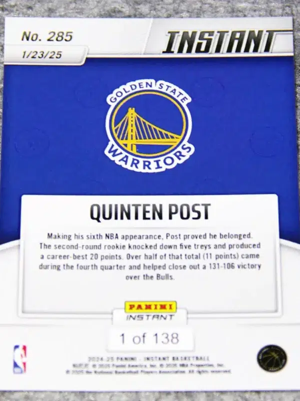 2024-25 Quinten Post #285 Panini Instant Basketball SN#138 - back