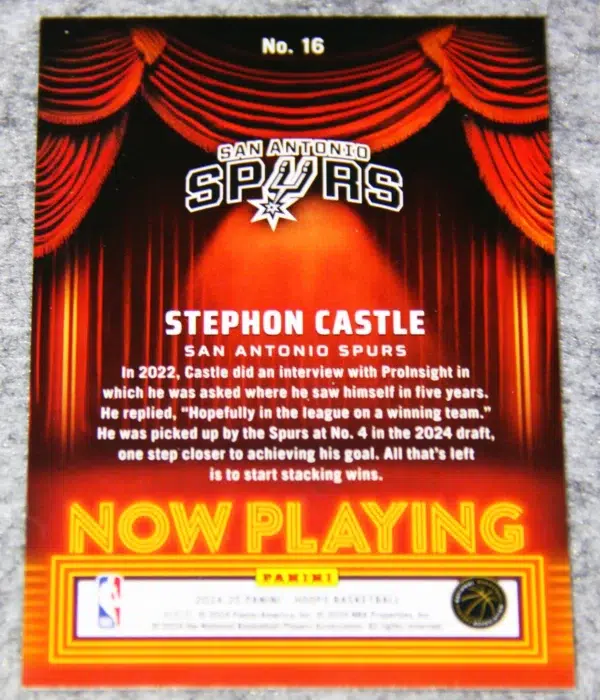 2024-25 Stephon Castle #16 Panini NBA Hoops Now Playing RC - back