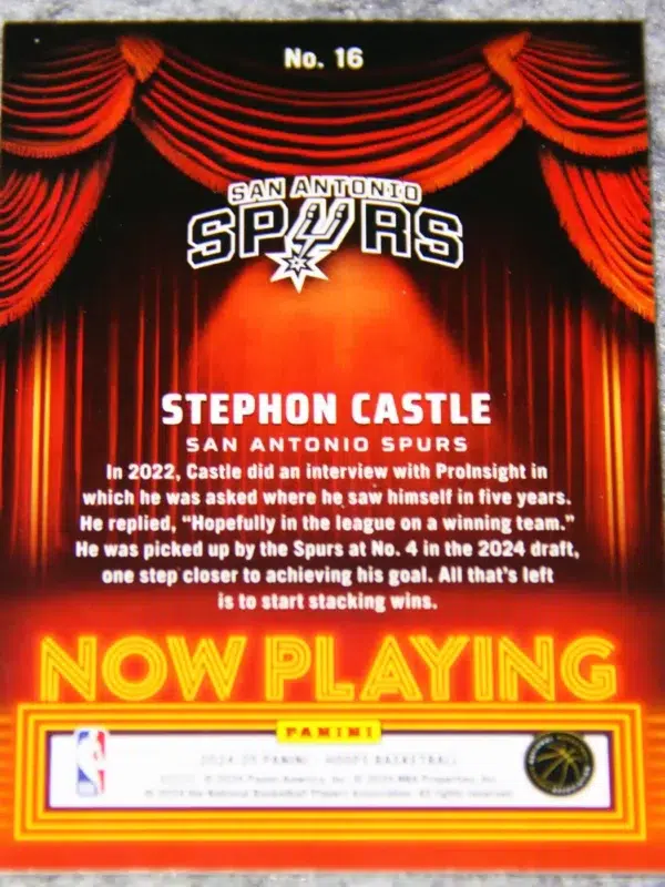 2024-25 Stephon Castle #16 Panini NBA Hoops Now Playing RC - back