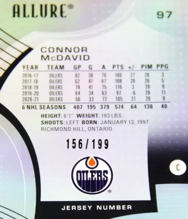 2021-22 Connor McDavid #97 Upper Deck Allure Jersey Number SN#156 CGC 9.5 MINT+ - detail