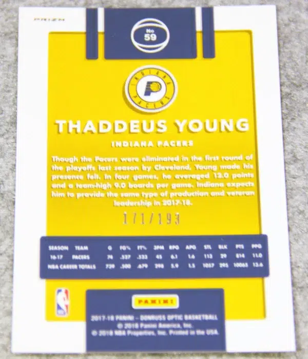 2017-18 Thaddeus Young #95 Panini Prizm Fast Break Orange Prizm SN#171 - back
