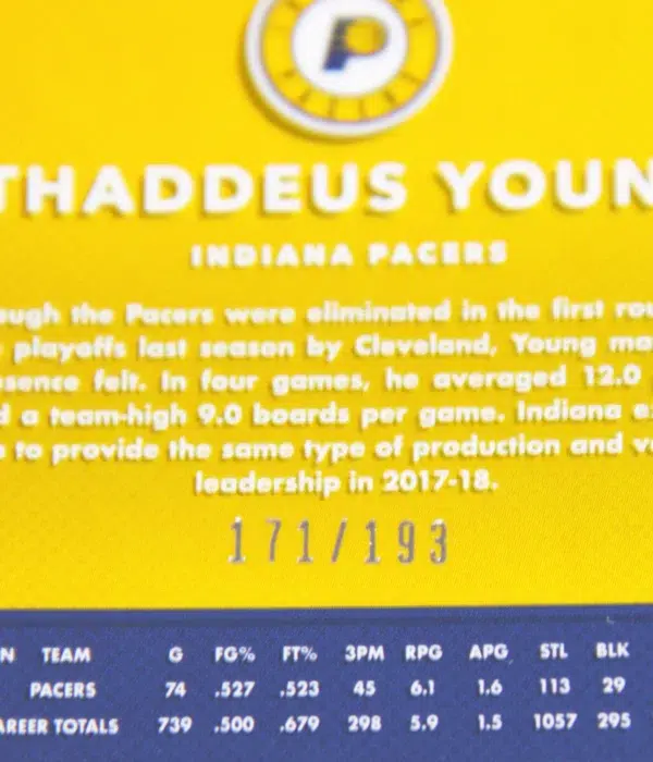 2017-18 Thaddeus Young #95 Panini Prizm Fast Break Orange Prizm SN#171 - detail