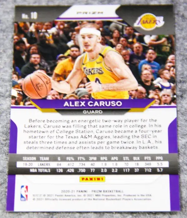 2020-21 Alex Caruso #54 Panini Prizm Fast Break Purple Disco Prizm SN#42 - back
