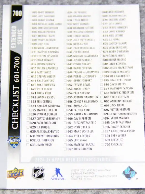 2020-21 Leon Draisaitl & Connor McDavid #700 Upper Deck Extended Serries Checklist - back