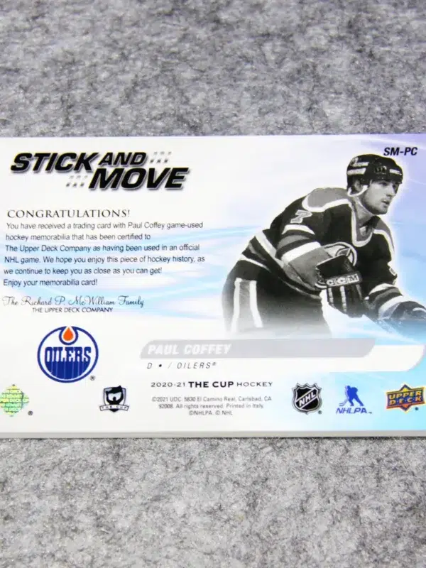 2020-21 Paul Coffey #SM-PC Upper Deck The Cup Stick and Move Stick Relic SN#18 - back