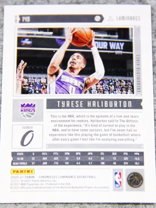 2020-21 Tyrese Haliburton #149 Panini Chronicles Luminance RC - back