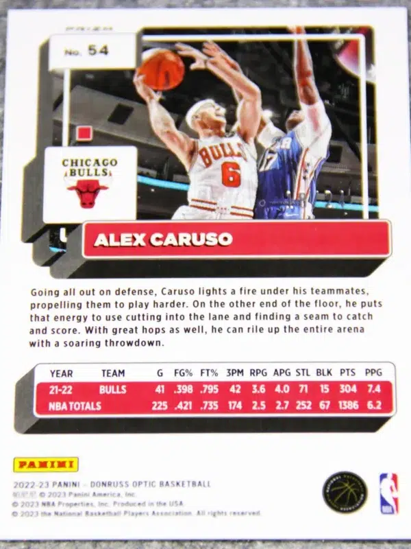 2022-23 Alex Caruso #54 Panini Donruss Optic Choice Blue Mojo Prizm SN#18 - back
