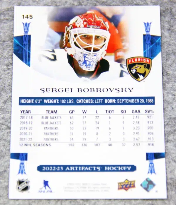 2022-23 Sergei Bobrovsky #145 Upper Deck Artifacts Green Parallel SN#83 - back