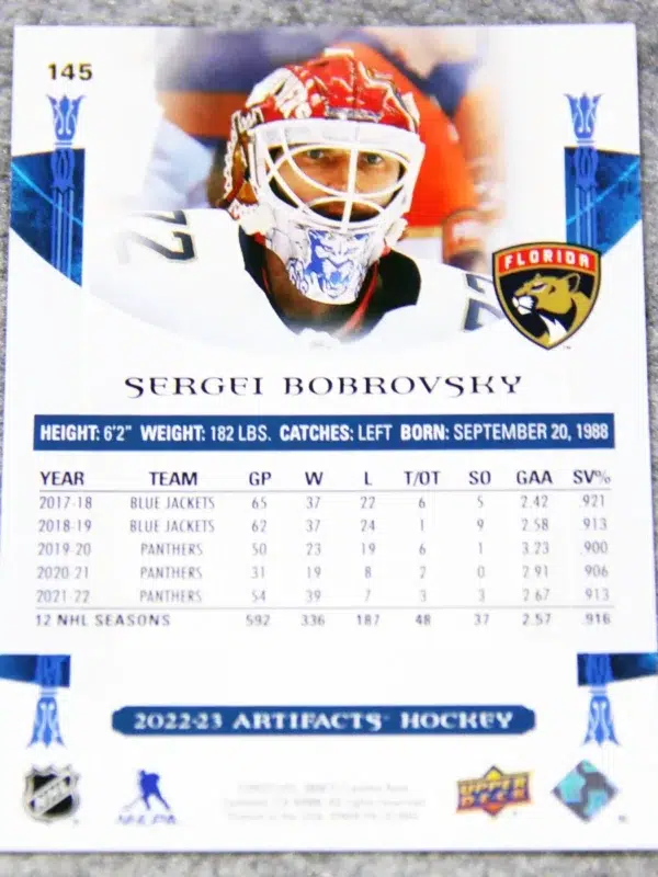 2022-23 Sergei Bobrovsky #145 Upper Deck Artifacts Green Parallel SN#83 - back