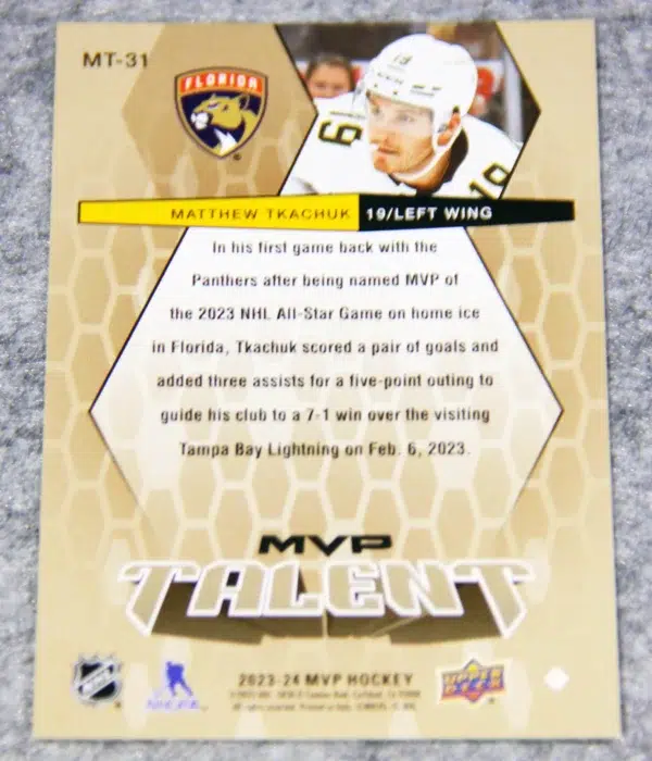 2023-24 Matthew Tkachuk #MT-31 Upper Deck MVP Talent Gold Script - back