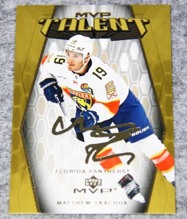 2023-24 Matthew Tkachuk #MT-31 Upper Deck MVP Talent Gold Script - front