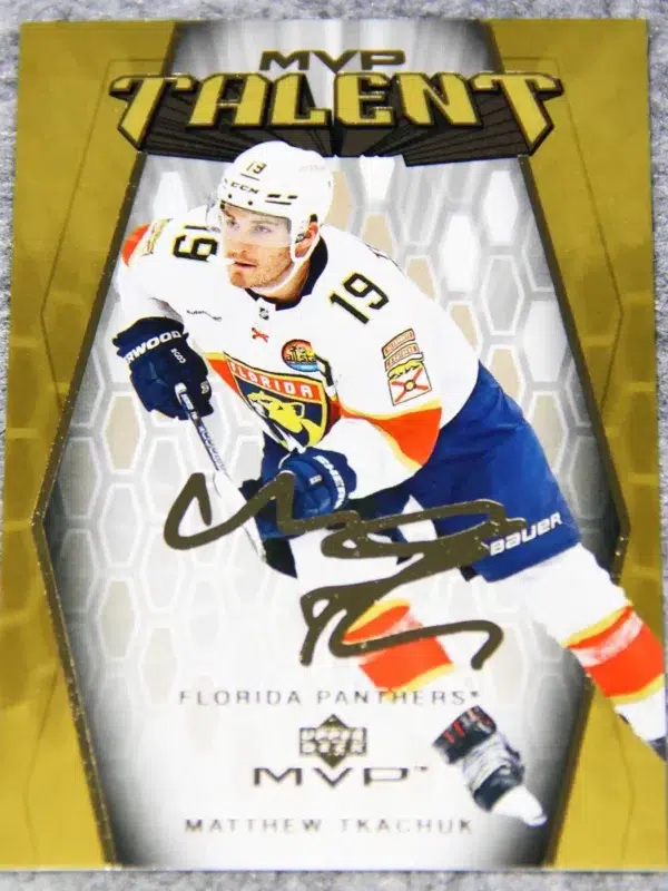 2023-24 Matthew Tkachuk #MT-31 Upper Deck MVP Talent Gold Script - front