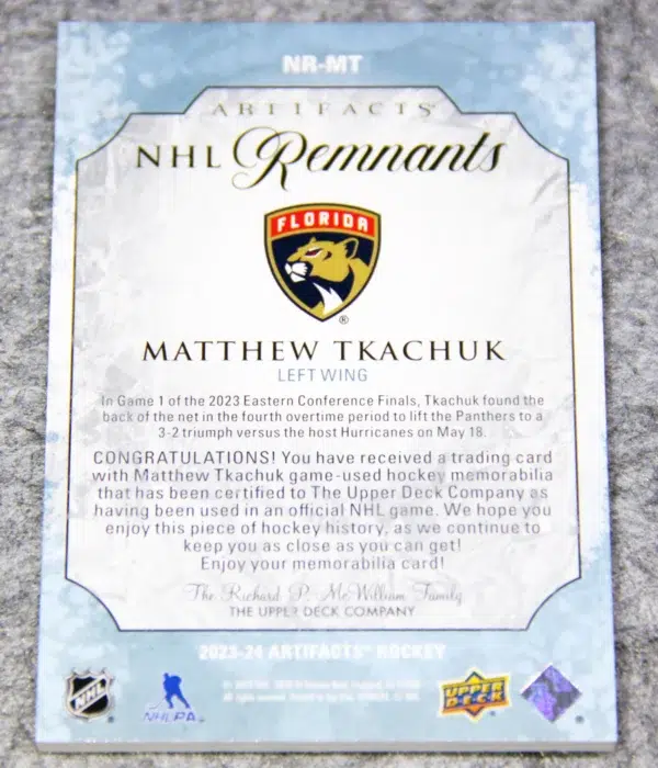 2023-24 Matthew Tkachuk #NR-MT Upper Deck Artifacts NHL Remnants Patch - back