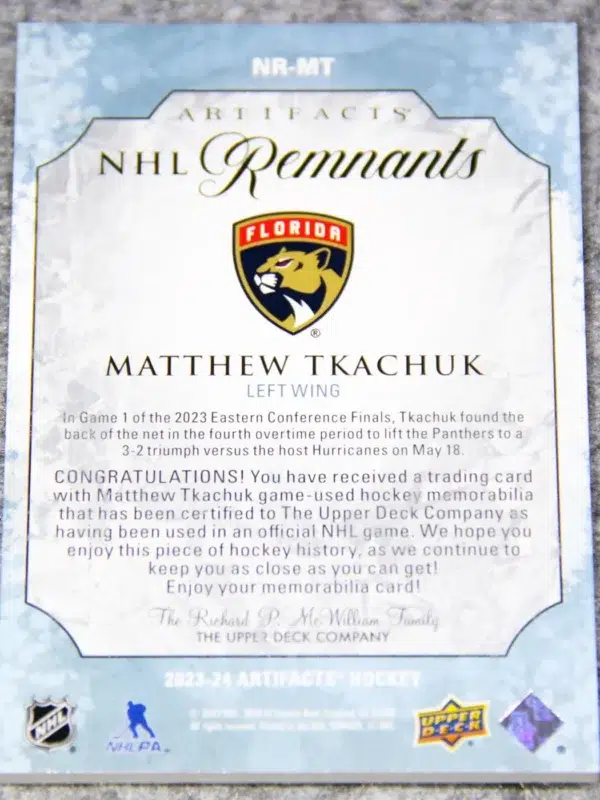 2023-24 Matthew Tkachuk #NR-MT Upper Deck Artifacts NHL Remnants Patch - back