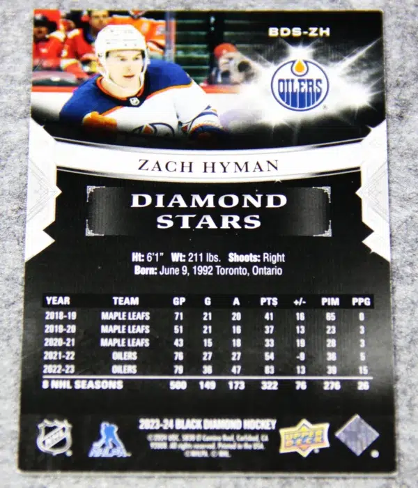 2023-24 Zach Hyman #BDS-ZH Upper Deck Black Diamond Stars SN#280 - back