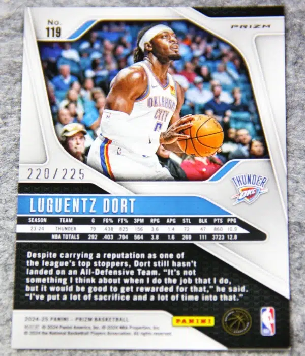 2024-25 Luguentz Dort #119 Panini Prizm Orange Prizm SN#220 - back