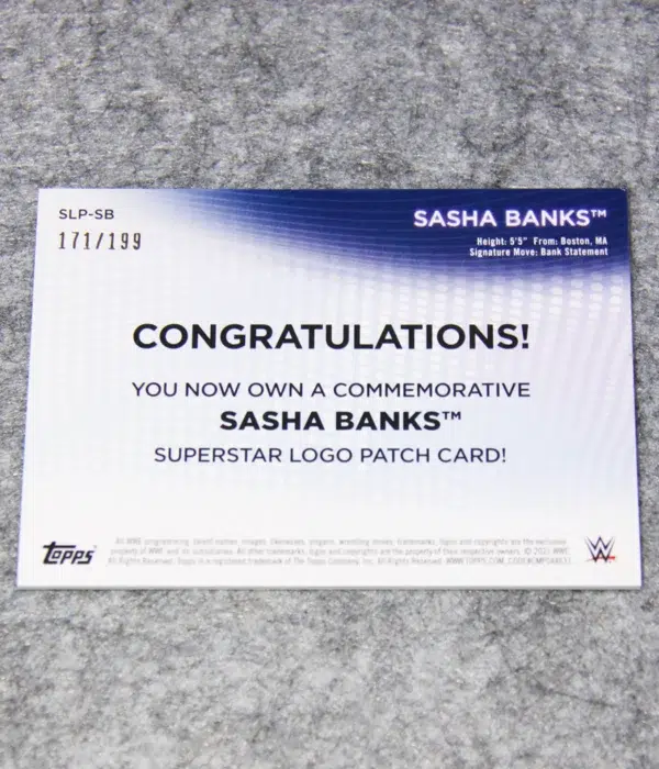 2021 Sasha Banks #SLP-SB Topps WWE Women's Division Superstar Logo Patch SN#145 - back