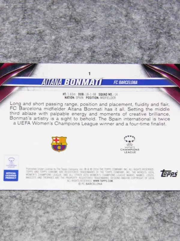 2024 Aitana Bonmati #1 Topps Chrome Sapphire UEFA Women's Champions League - back