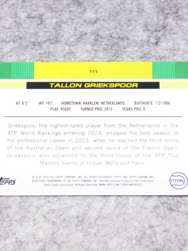 2024 Tallon Griekspoor #111 Topps Chrome Tennis 1st Negative Refractor - back