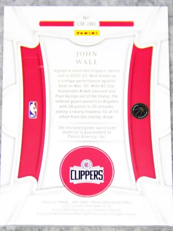 2022-23 John Wall #CM-JWL Panini National Treasures Century Materials SN#16 - back