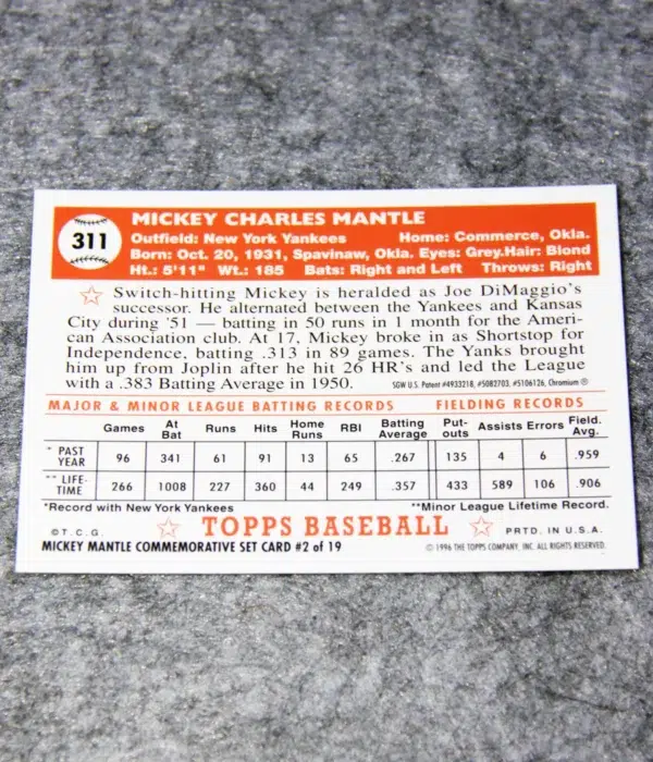 1996 Mickey Mantle #2 Topps Chrome Commemorative Set 1952 #311 Reprint