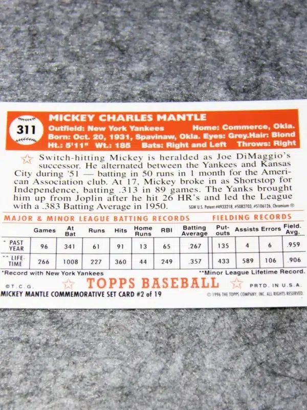 1996 Mickey Mantle #2 Topps Chrome Commemorative Set 1952 #311 Reprint