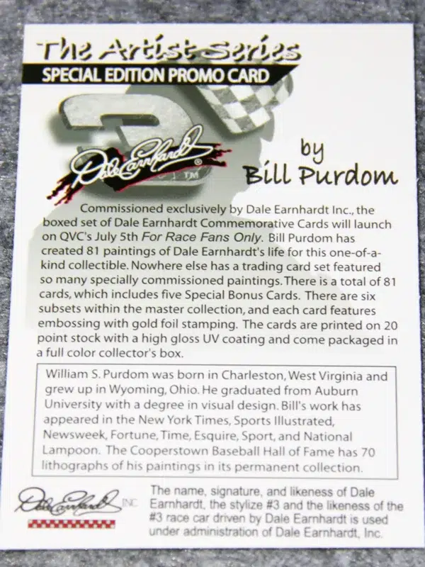 2002 Dale Earnhardt #NNO The Artist Series Special Edition Promo Card