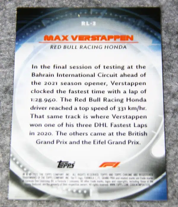 2021 Max Verstappen #RL-3 Topps Chrome Formula 1 Red Liners