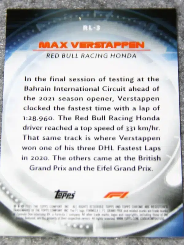 2021 Max Verstappen #RL-3 Topps Chrome Formula 1 Red Liners