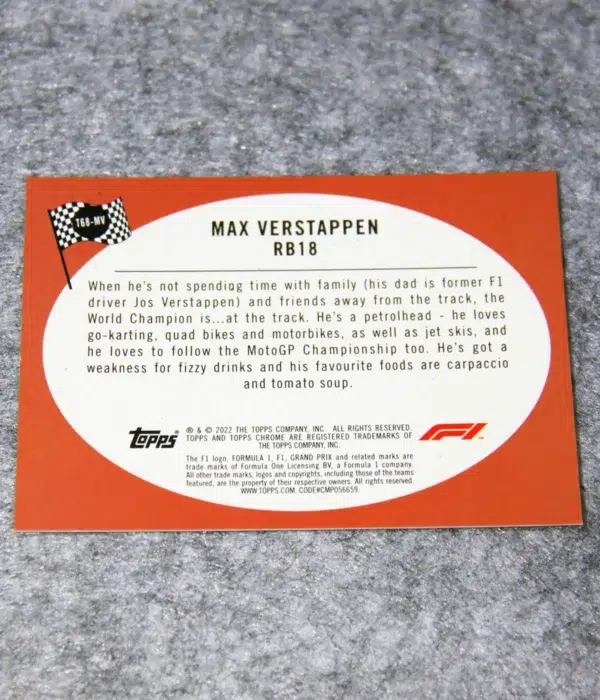 2022 Max Verstappen #T68-MV Topps Chrome F1 1968 Hot Rod F1 Racer