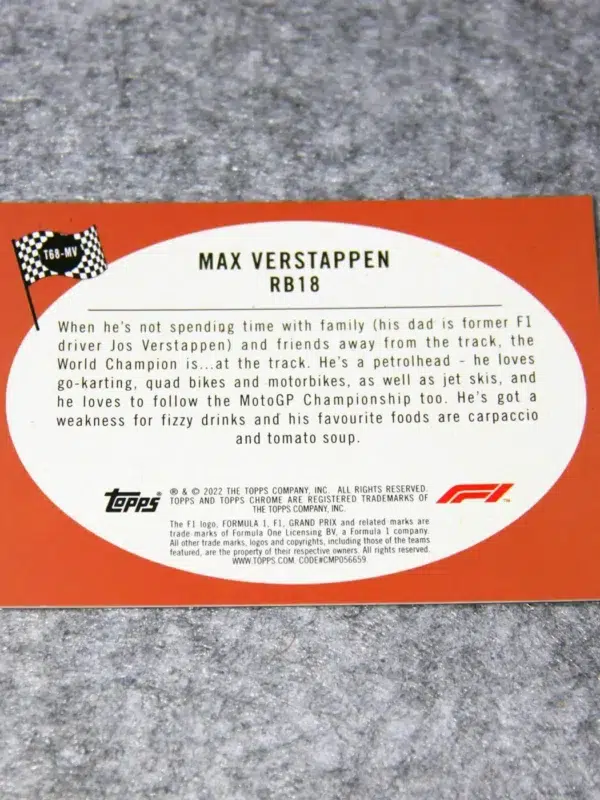 2022 Max Verstappen #T68-MV Topps Chrome F1 1968 Hot Rod F1 Racer