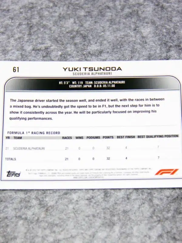 2022 Yuki Tsunoda #61 Topps F1 Chrome Sapphire Edition