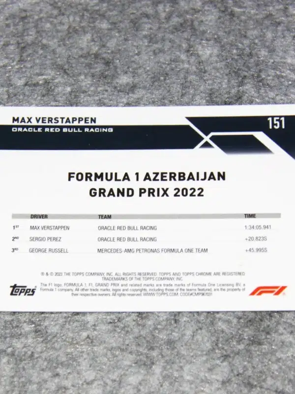 2023 Max Verstappen #151 Topps Chrome F1 GP Winner Mini Diamond Refractor /299