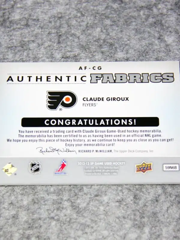 2012-13 Claude Giroux #AF-CG Upper Deck SP Game Used Edition Authentic Fabrics