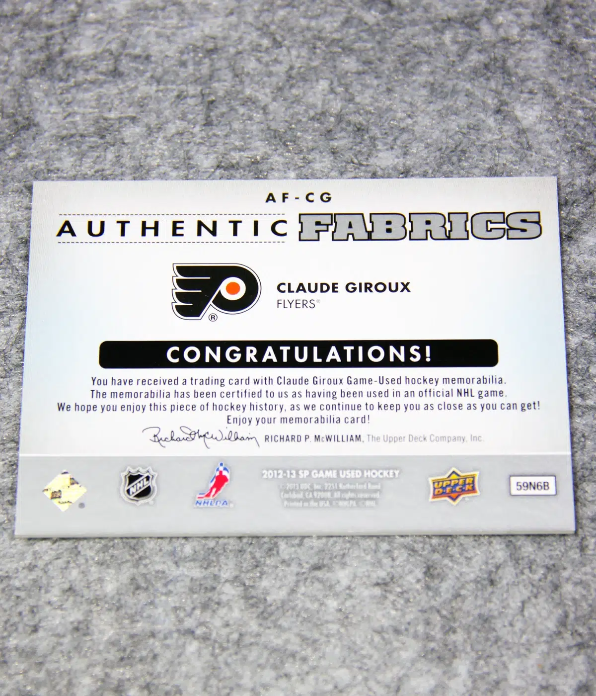 2012-13 Claude Giroux #AF-CG Upper Deck SP Game Used Edition Authentic Fabrics